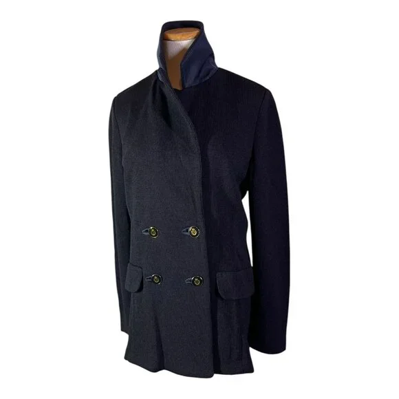 Vintage Austin Reed Size 4 Dark Navy Heavy Knit Double-Breasted Blazer Jacket - Picture 11 of 13